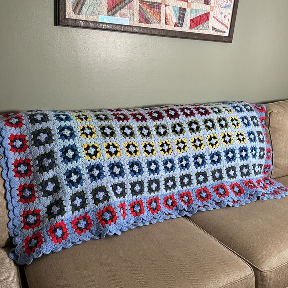 Vintage Handmade‎ Colorful Granny Square Crotchet Blanket Scalloped Edge 64x67 - Picture 2 of 9
